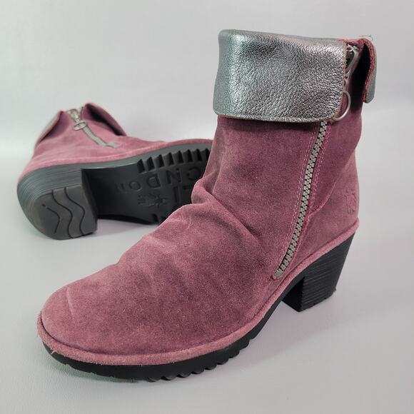 FLY London Suede Ankle Boots Wati Purple Zip Wedge Bootie Size 38 / 8 US - Picture 1 of 13
